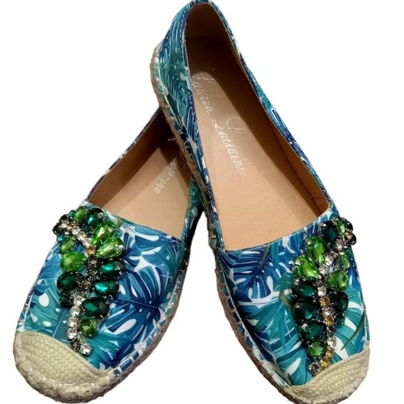 Lauren Lorraine Shoes Euc Jeweled Tropical Palm Leaf Print